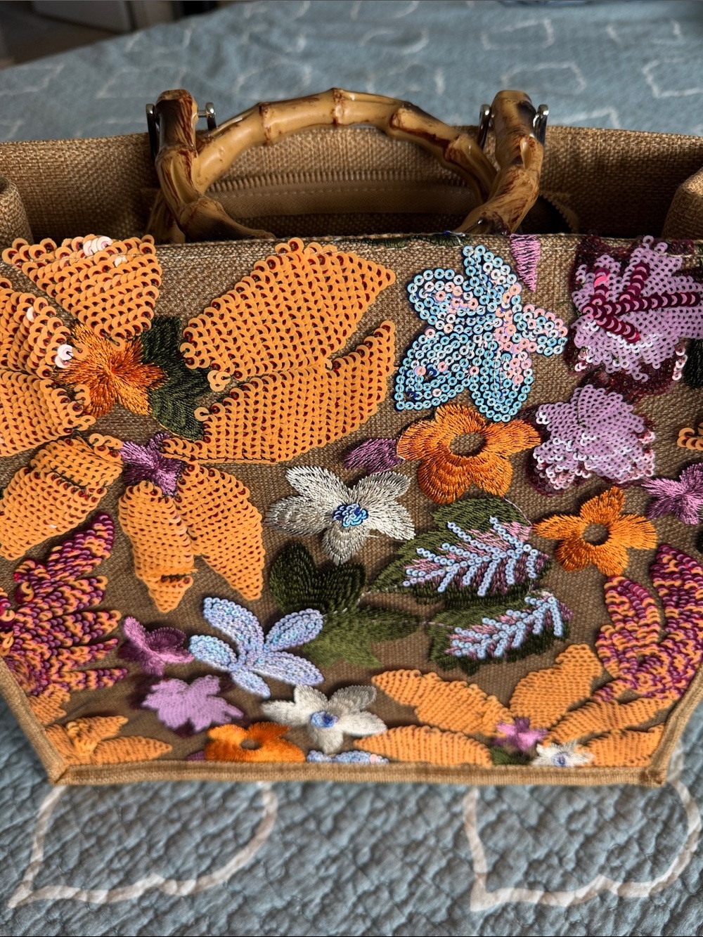Embroidered Floral Tote with Bamboo Handles - Orange & Pink